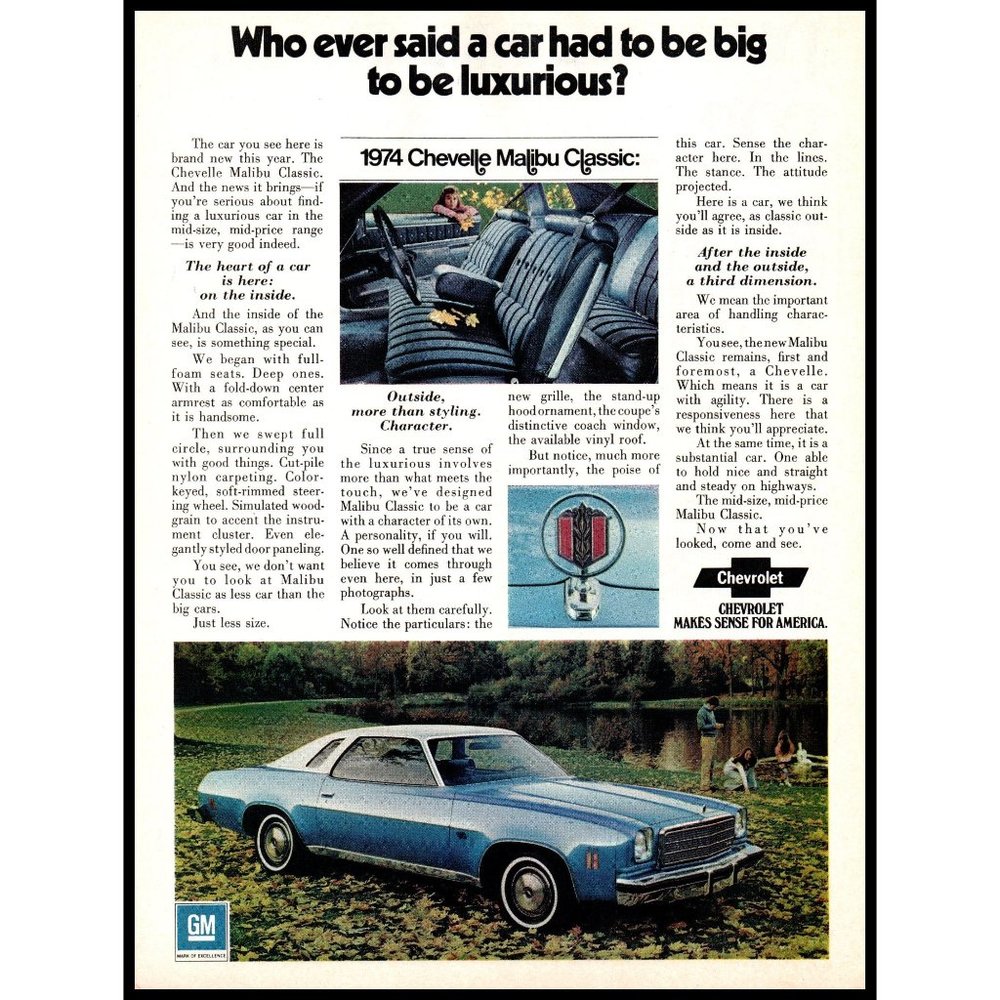1974 Chevy Chevelle Malibu Classic Coupe Vintage Print Ad Lake Family Wall Art